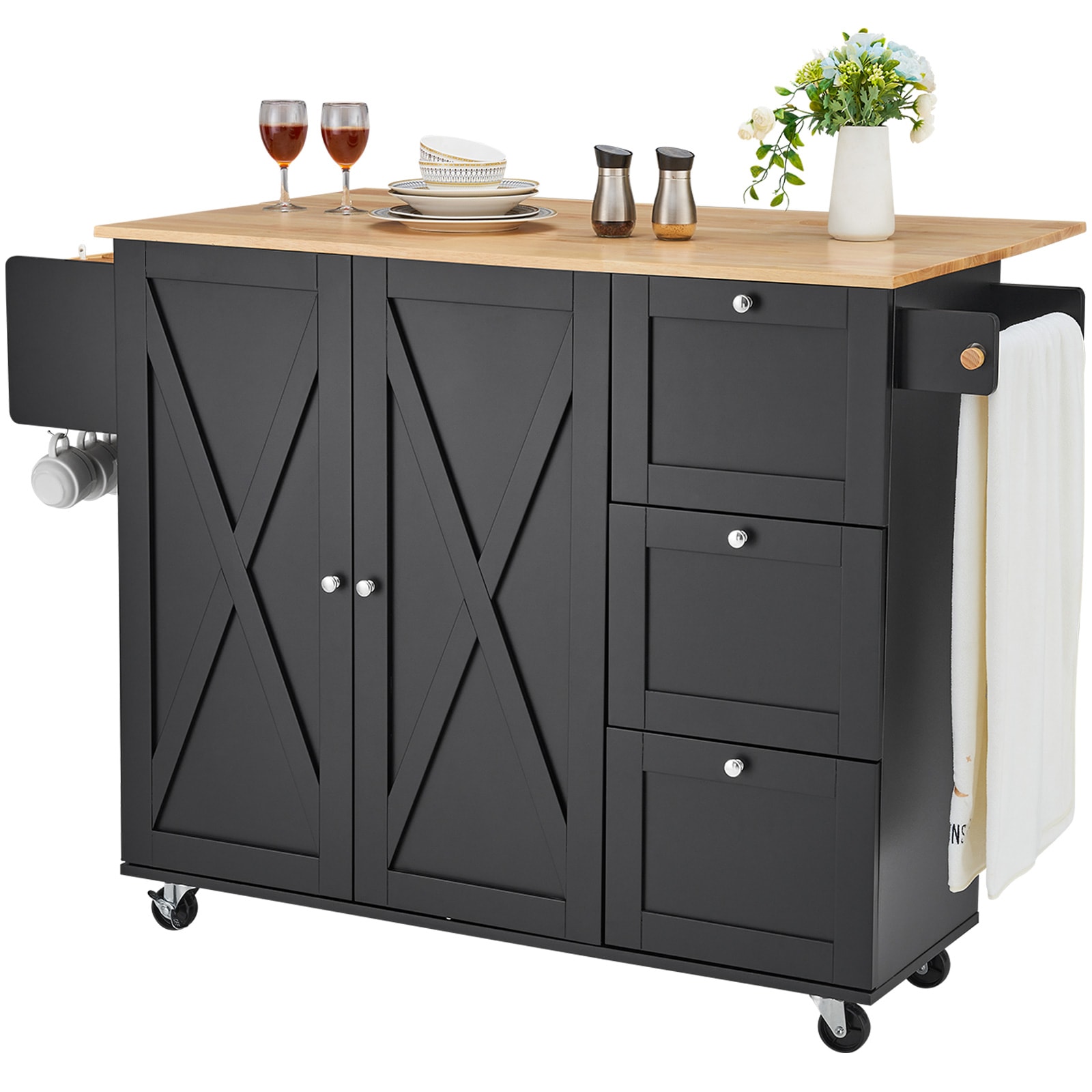 Kitchen Island Cart Rolling Storage Cabinet On Wheel With Drawer & Shelves_voghion.com